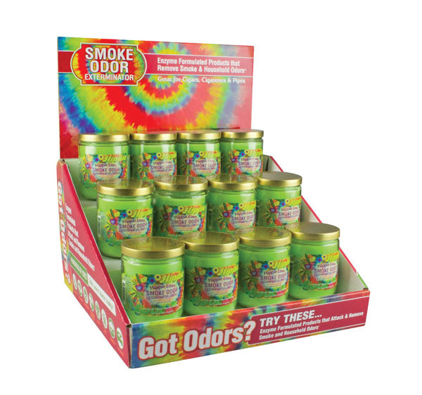 Smoke Odor Exterminator Candle 13oz in a 12pc display box, enzyme-formulated to remove odors