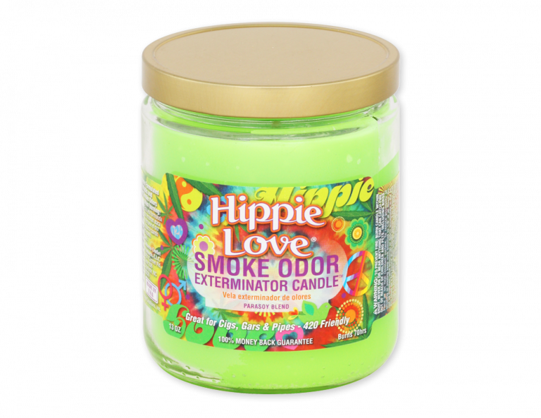 Hippie Love Smoke Odor Exterminator Candle, 13oz, vibrant green jar front view