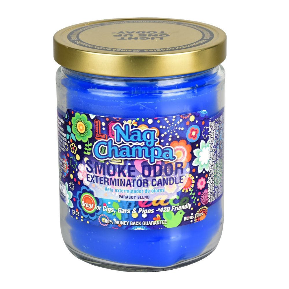 Nag Champa Smoke Odor Exterminator Candle, 13oz, vibrant blue with floral design, front view