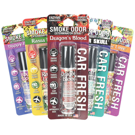 Assorted 1oz Smoke Odor Exterminator Sprays in Pop Culture Mix designs, 12pc display box front view