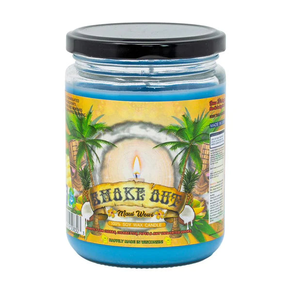 Smoke Out Candles Maui Wowie scented soy wax candle in blue jar with black lid, front view