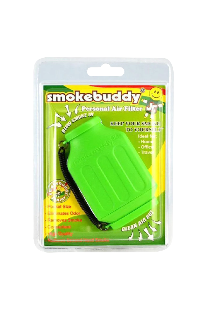 Smokebuddy Junior Lime Green Personal Air Filter, pocket-size and odor eliminating, front view packaging