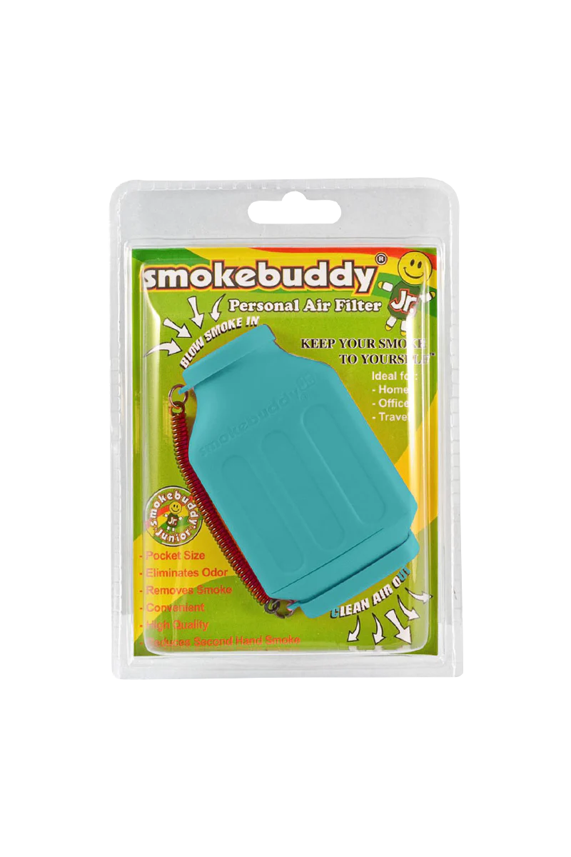 Smokebuddy Junior in Teal - Portable Personal Air Filter, Odor Eliminator, Front View Packaging