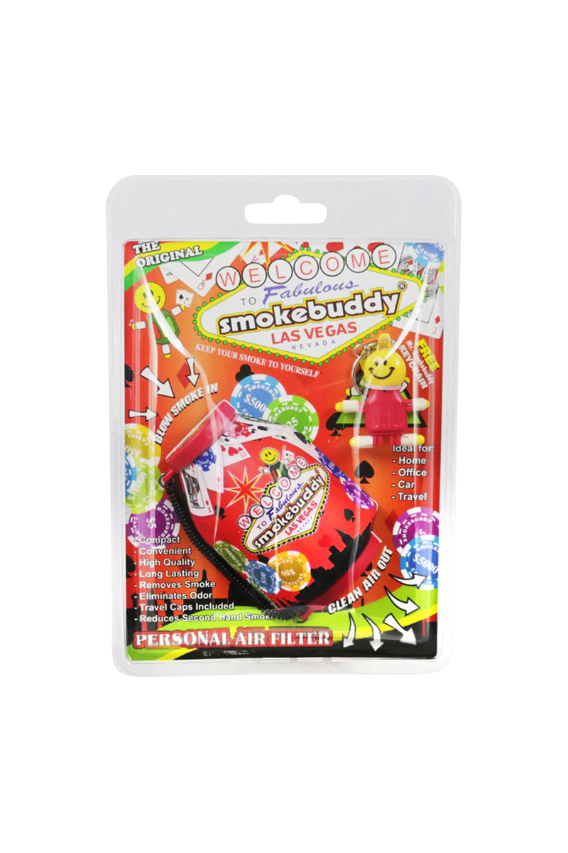 Smokebuddy Original Personal Air Filter in packaging with Las Vegas theme, compact and odor eliminating