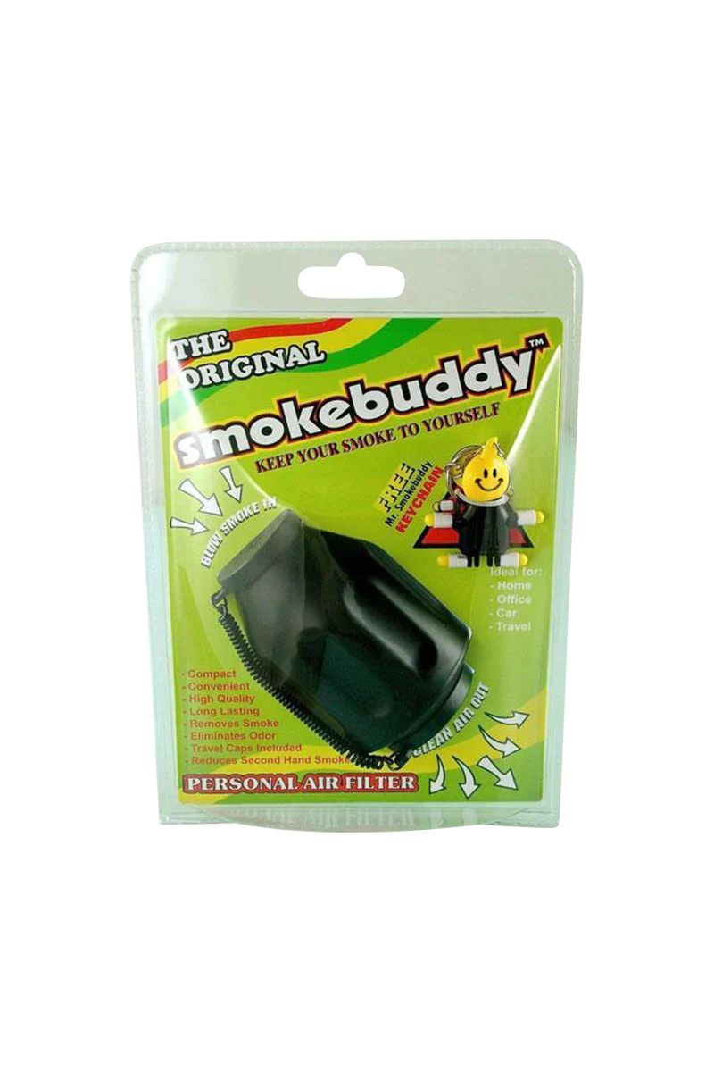 Smokebuddy Original in Black - Compact Personal Air Filter for Smoke, Front View on Packaging
