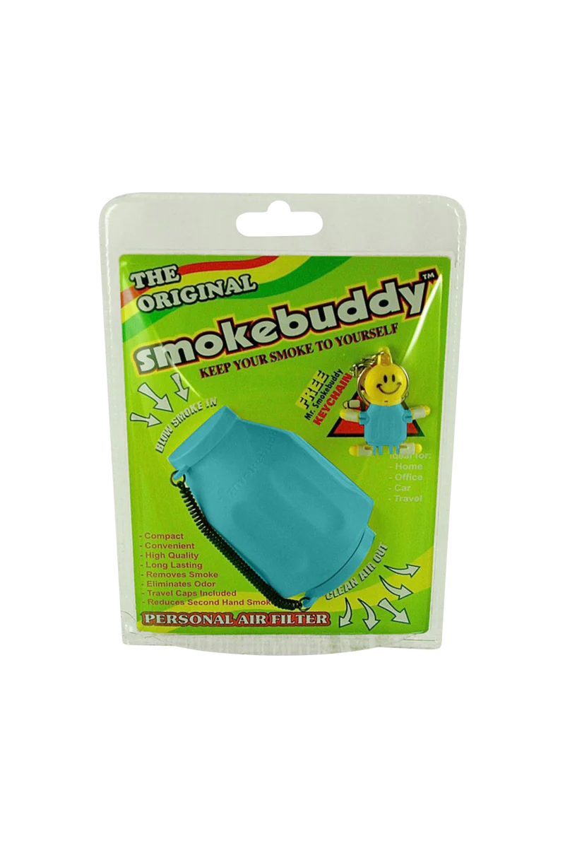 Smokebuddy Original Personal Air Filter in Blue, Front View on Packaging