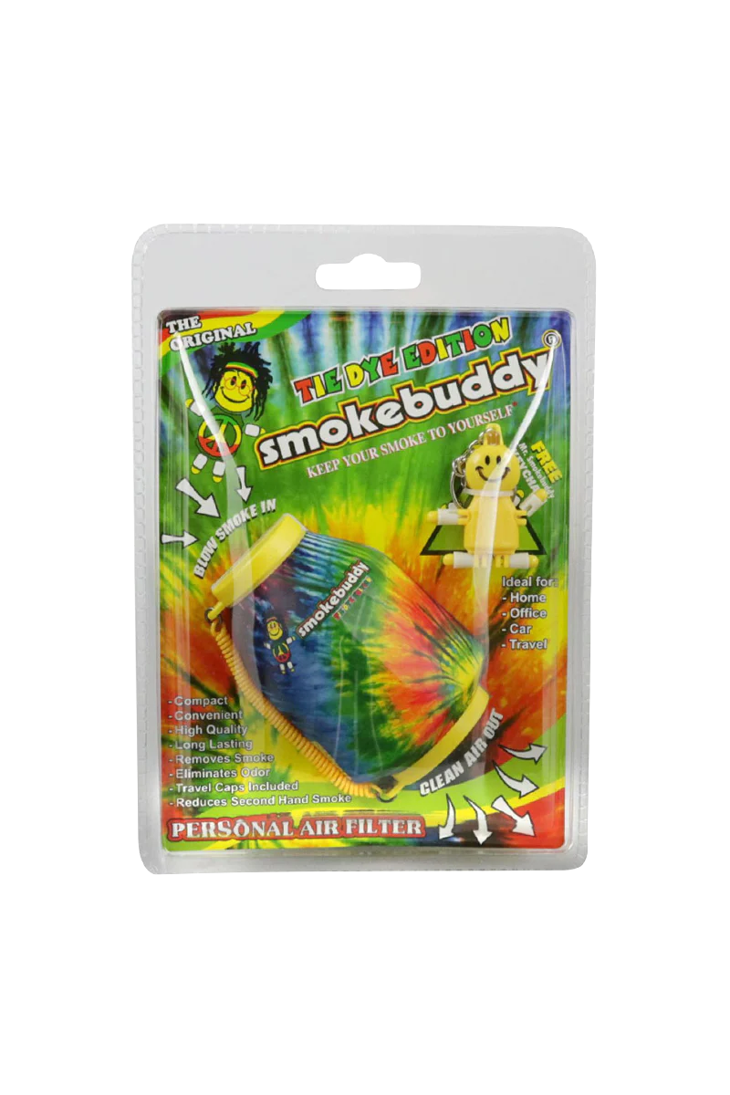Smokebuddy Original Tie-Dye Personal Air Filter in packaging, compact and odor-eliminating