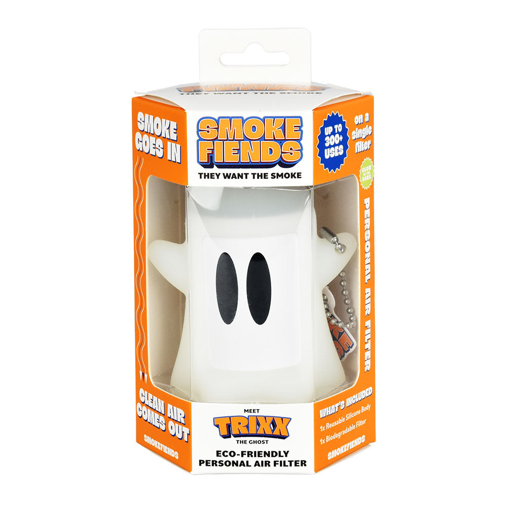 SmokeFiends Trixx The Ghost Personal Air Filter in packaging, eco-friendly and compact design