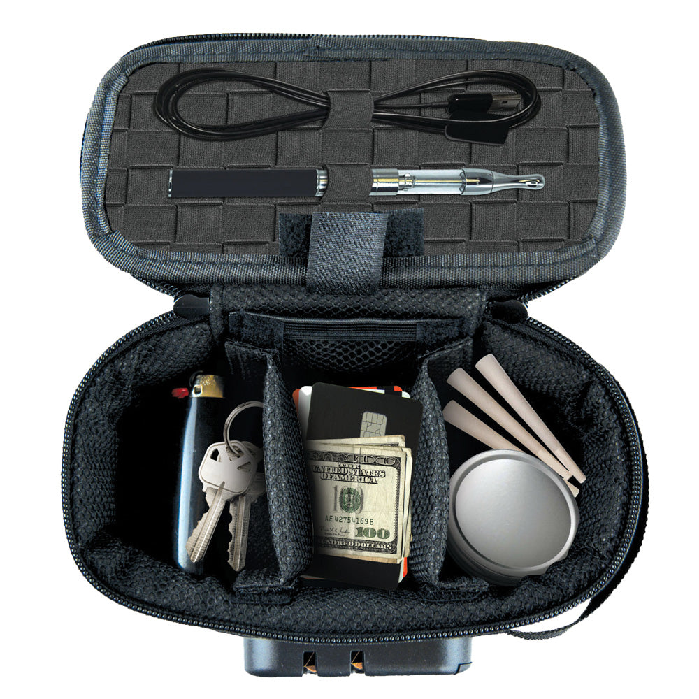 Smokezilla locking padded bag with assorted contents displayed, top view, secure and portable storage solution