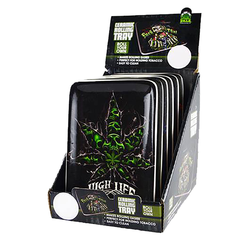 Smokezilla Ceramic Rolling Tray Display with Assorted Designs, Front View, 7"x5" Size
