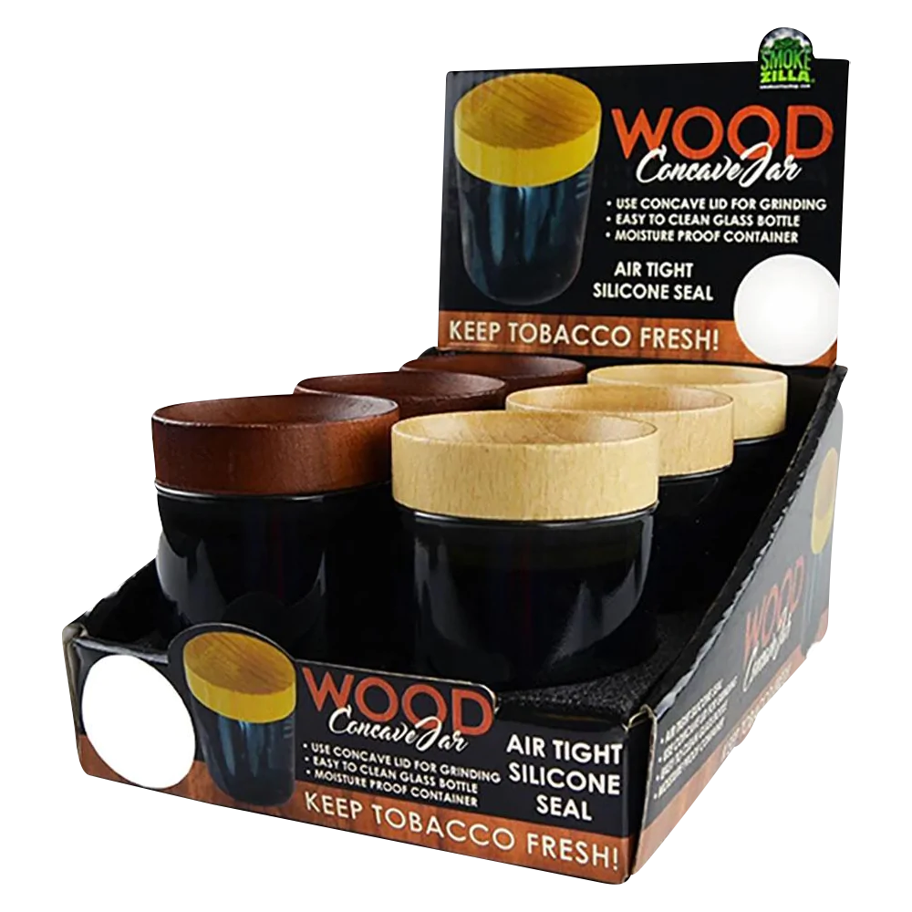 Smokezilla black glass jars with concave wood lids, 6 pack, airtight seal, angled view