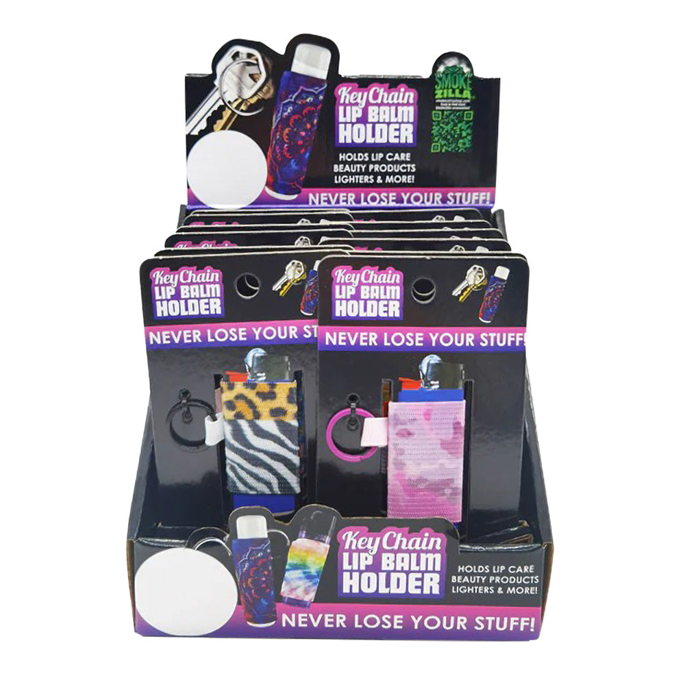 Assorted Smokezilla Keychain Lighter/Lip Balm Holders displayed on stand, portable design, 12pc set
