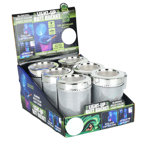 Smokezilla Light Show Butt Buckets displayed, 5" silver with LED lights, portable ashtray 6pc set