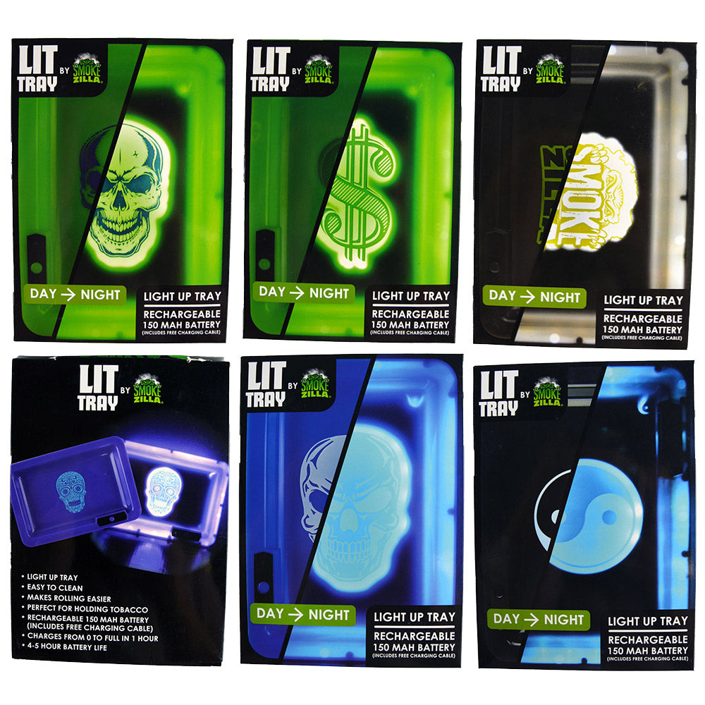 Assorted Smokezilla Lit Rolling Trays with LED lights - 6 pack, day and night view