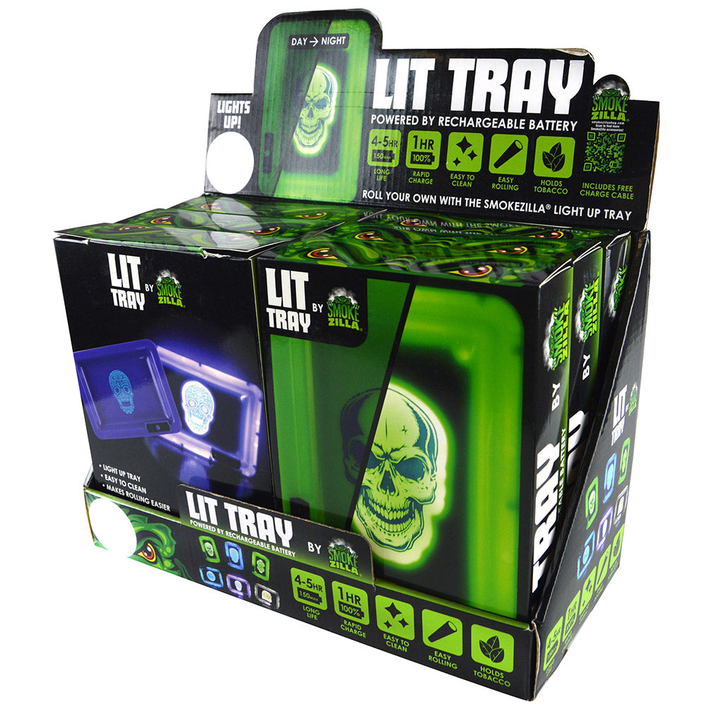 Smokezilla Lit Rolling Tray 6 Pack display box with assorted colors and LED feature