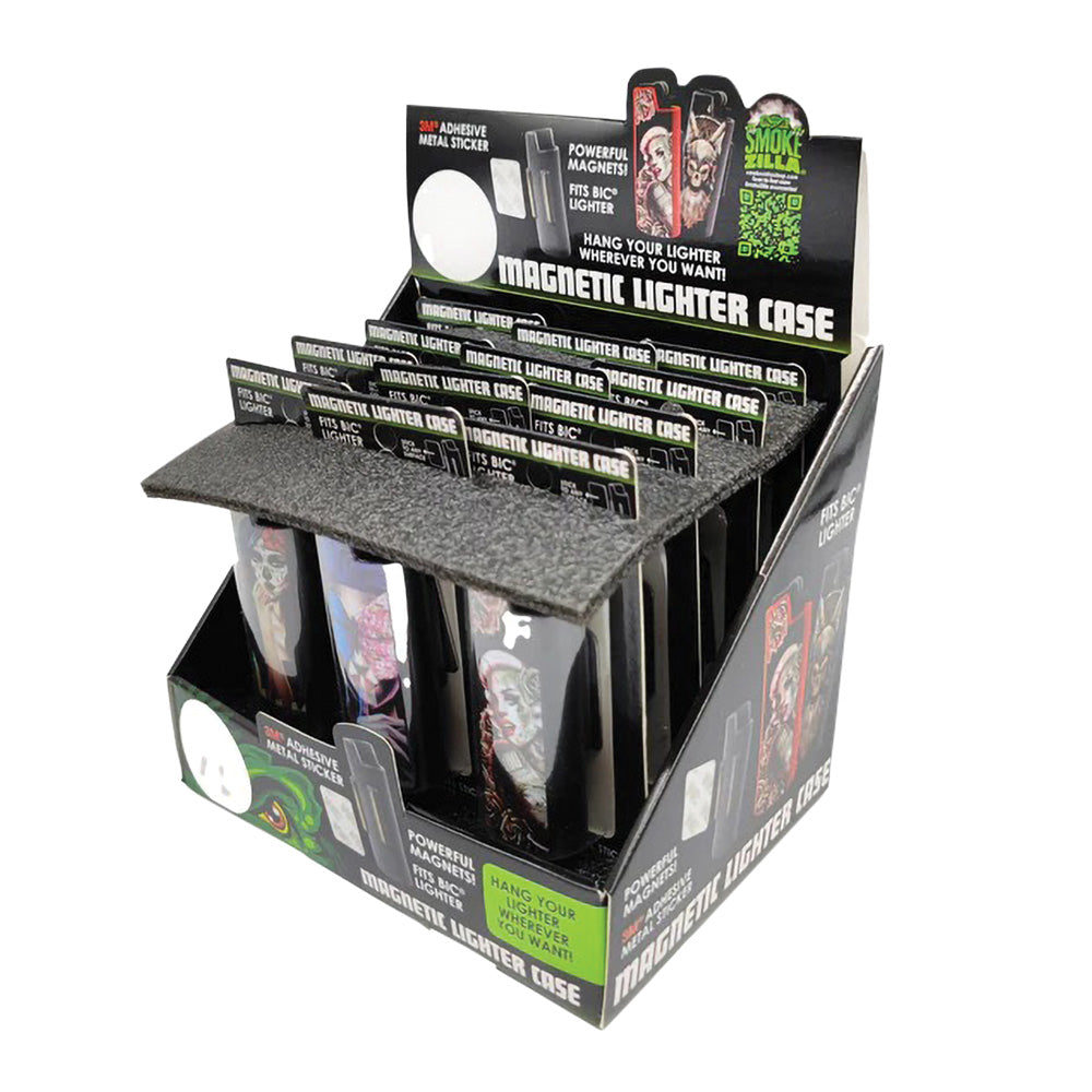 Smokezilla Magnetic Lighter Cases on display, secure and portable, black, 12pc set