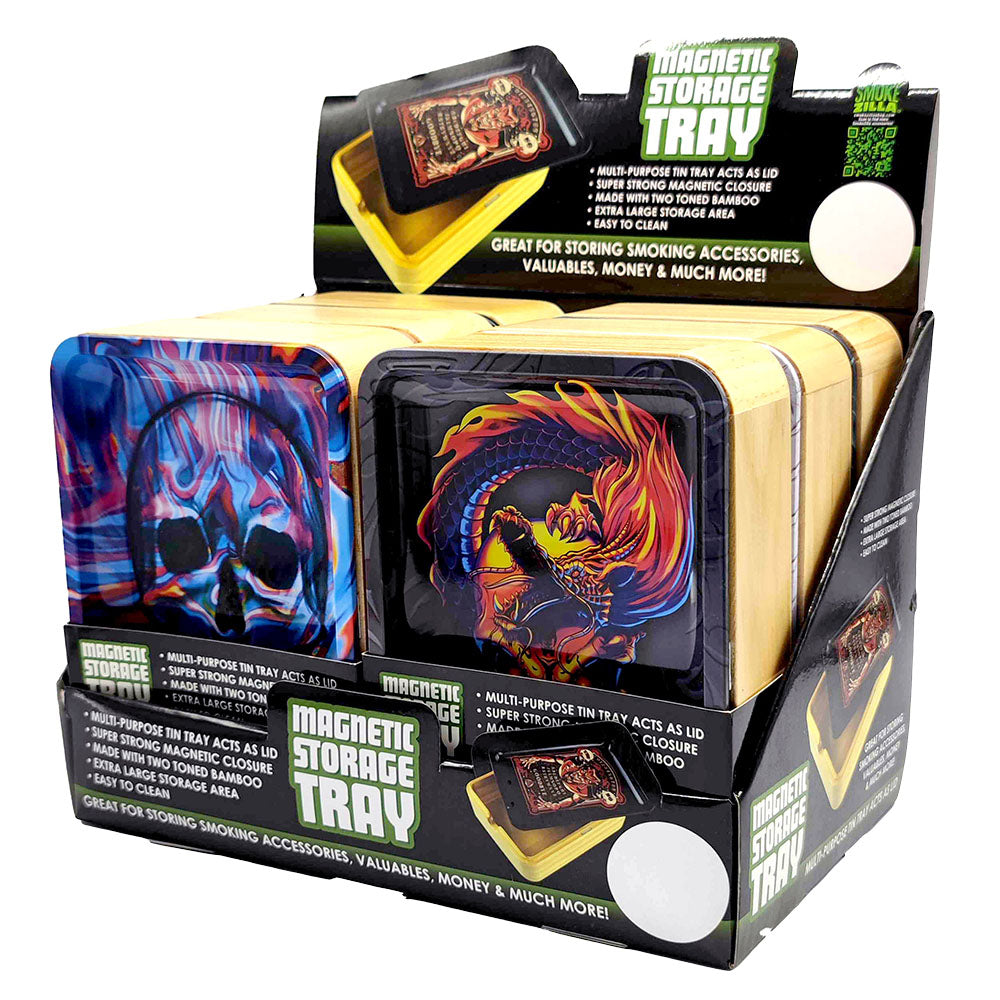Smokezilla Magnetic Wood Storage Tray display box with assorted designs, compact and closable