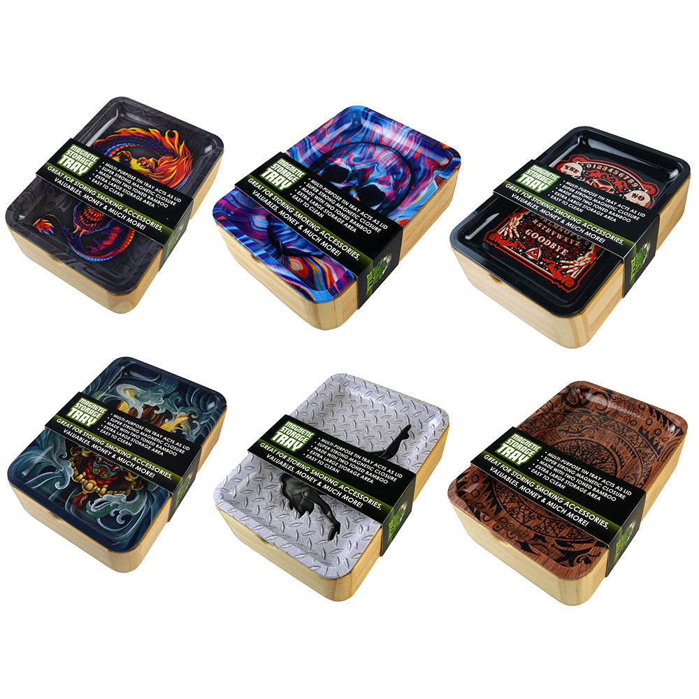 Assorted Smokezilla Magnetic Wood Storage Trays with novelty designs, 5"x7" size, displayed in a 6pc set