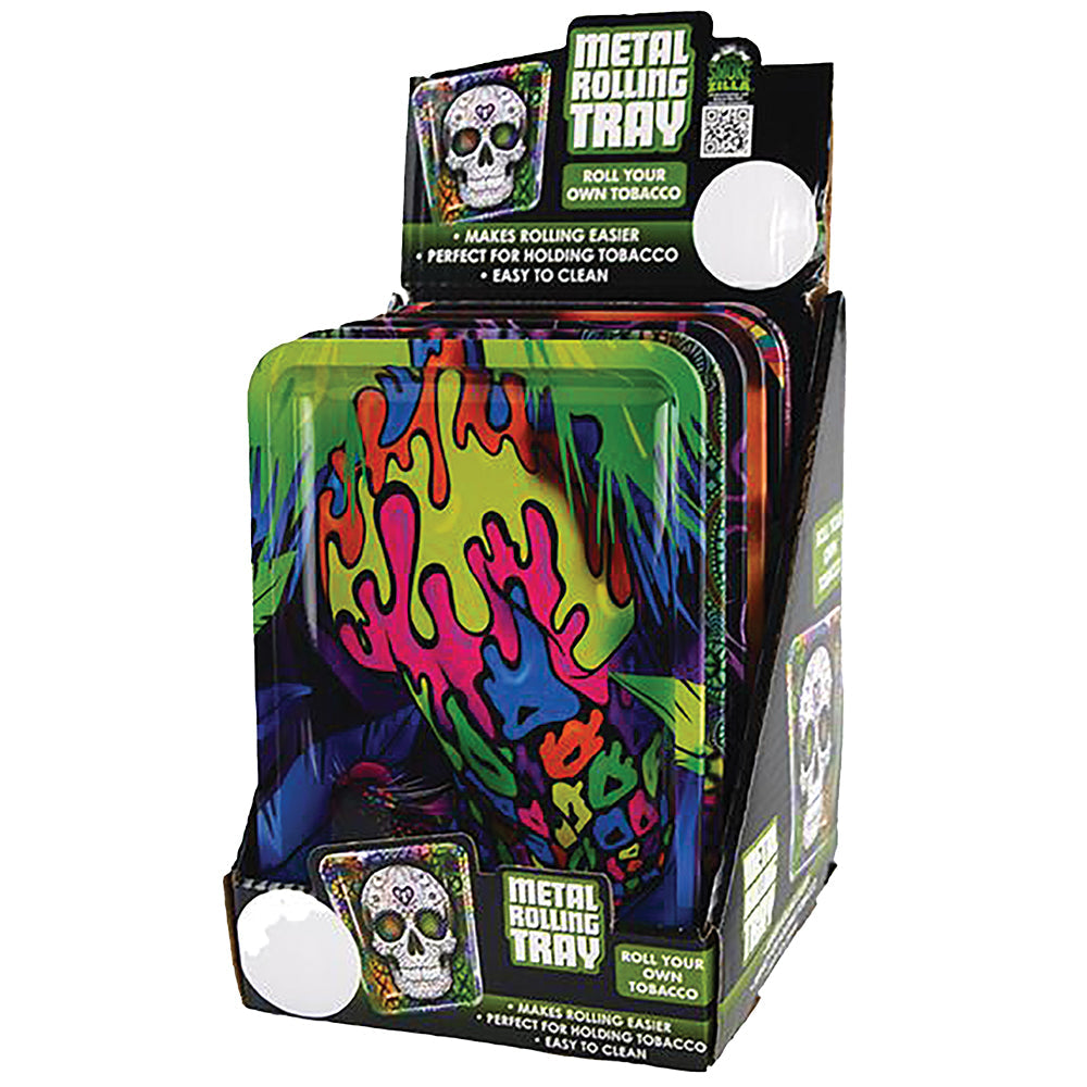 Smokezilla Metal Rolling Tray 6 Pack with vibrant novelty designs, compact and easy to clean