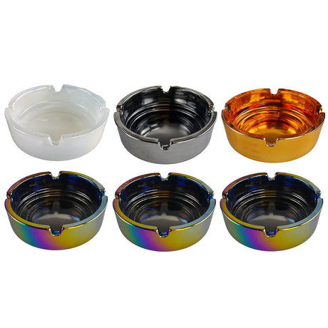 Smokezilla Oil Slick Glass Ashtrays 6 Pack, assorted colors, compact design, top view