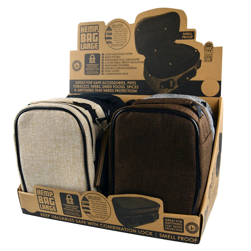 Smokezilla 4-pack lockable hemp smellproof bags in assorted colors displayed with packaging