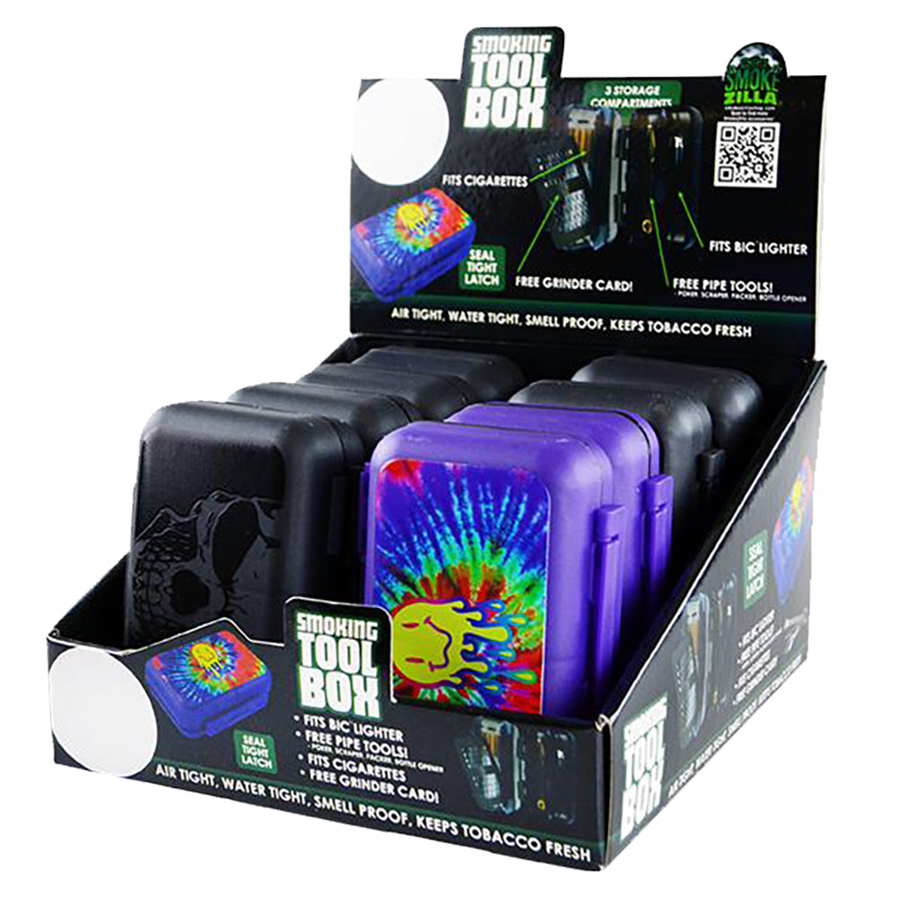 Smokezilla Smoking Tool Box 8-pack in assorted colors with closable lids on display