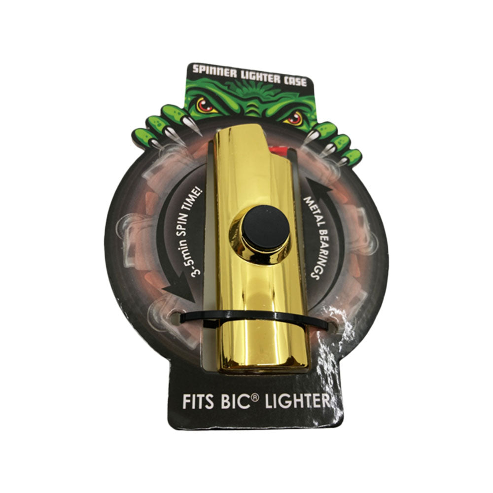 Smokezilla Spinner Lighter Case in gold, compact design, displayed in packaging, fits BIC lighters