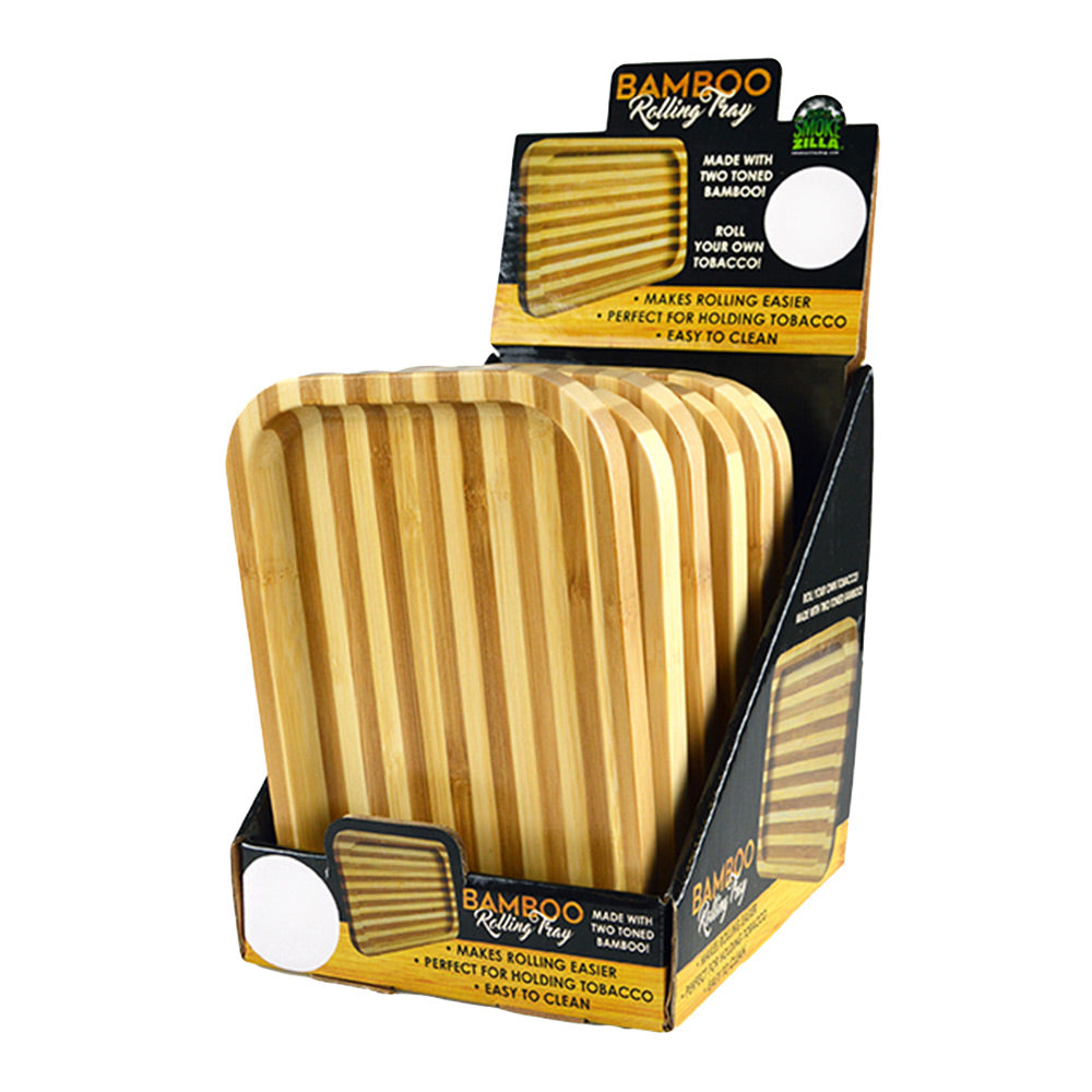 Smokezilla Two Tone Bamboo Rolling Tray 6pc display, compact and portable design