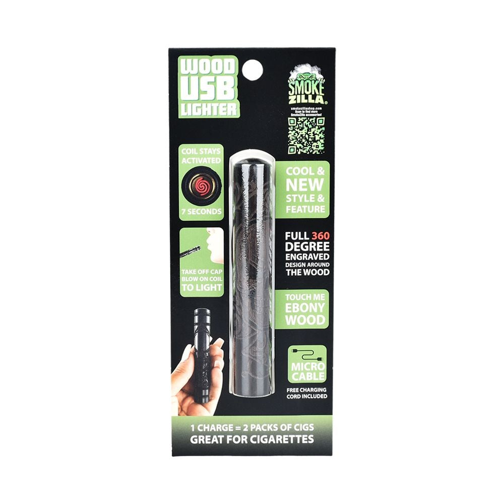 Smokezilla Engraved Wood USB Rechargeable Coil Lighter | 170mAh | 4" | Assorted Designs | 6ct Display