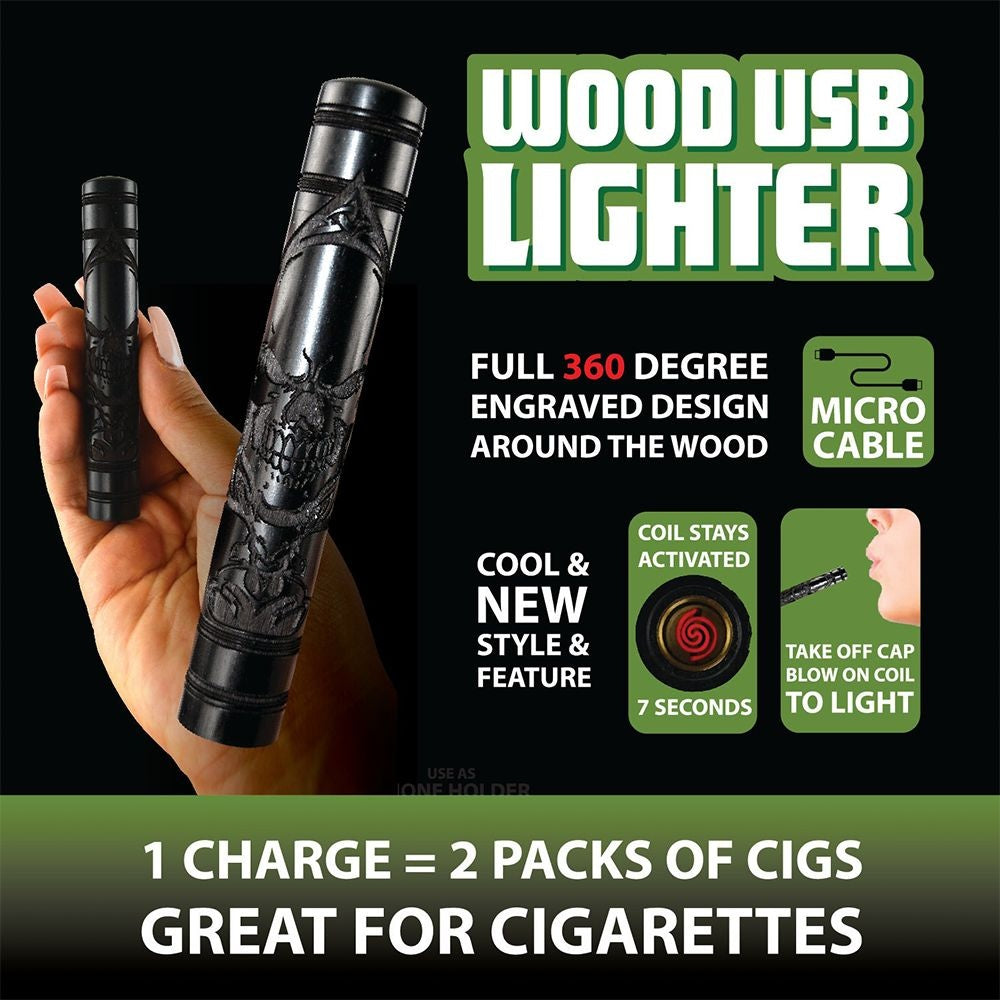 Smokezilla Engraved Wood USB Rechargeable Coil Lighter | 170mAh | 4" | Assorted Designs | 6ct Display