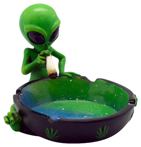 Polyresin Smoking Alien Ashtray, Front View, 4.5" x 3.5" with Cannabis Leaf Detail