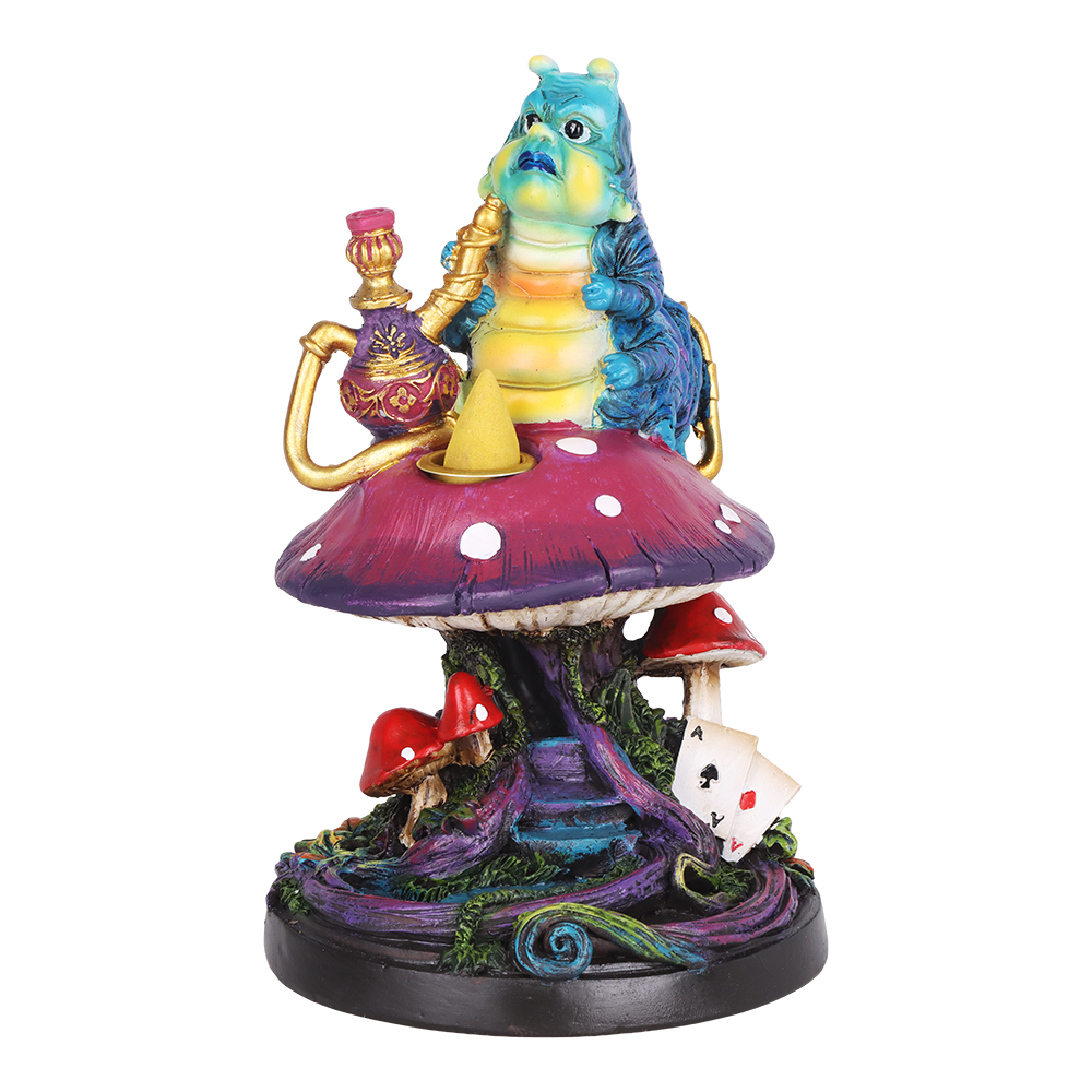 Smoking Caterpillar polyresin backflow incense burner 7 inch, a blue caterpillar on a purple mushroom