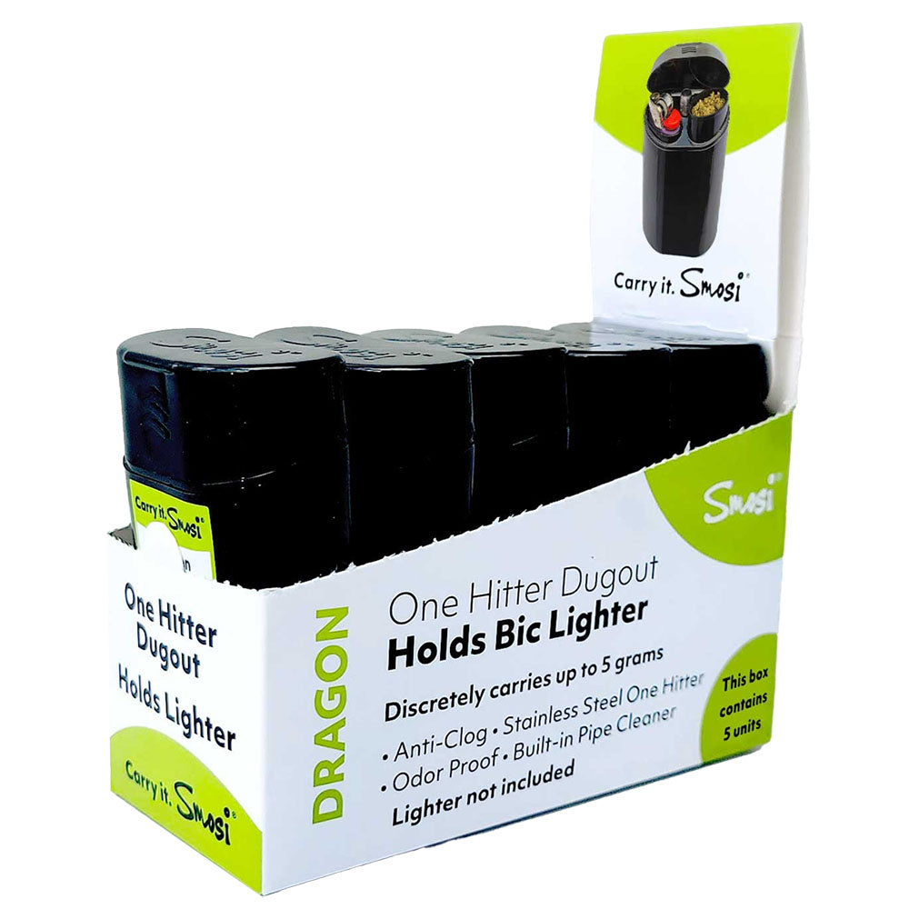 Smosi Dragon One Hitter Dugout display with 5 black cases, front view, portable design for dry herbs.