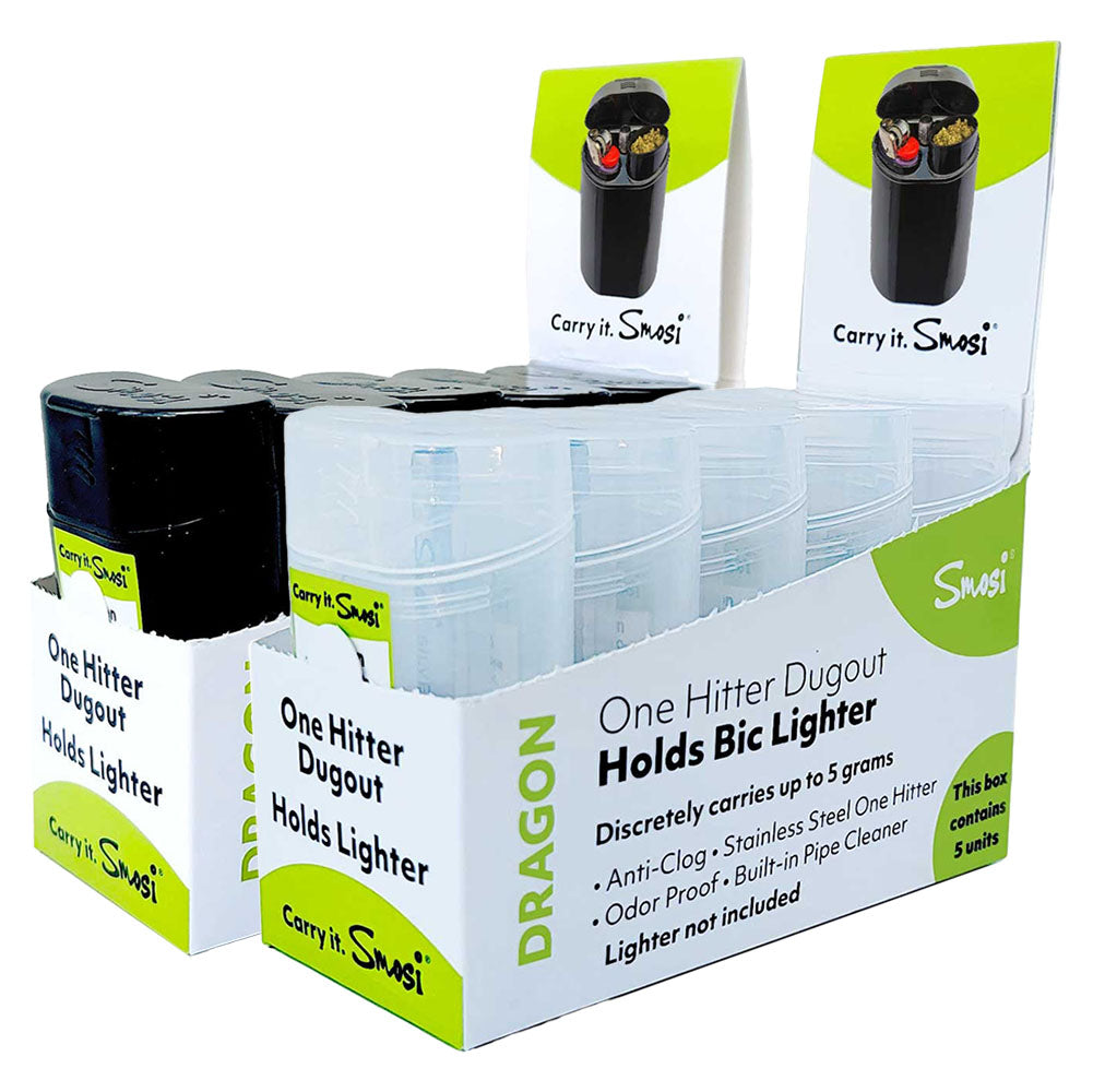 Smosi Dragon One Hitter Dugout Display, 5pc Black and Clear, Portable with Lighter Holder