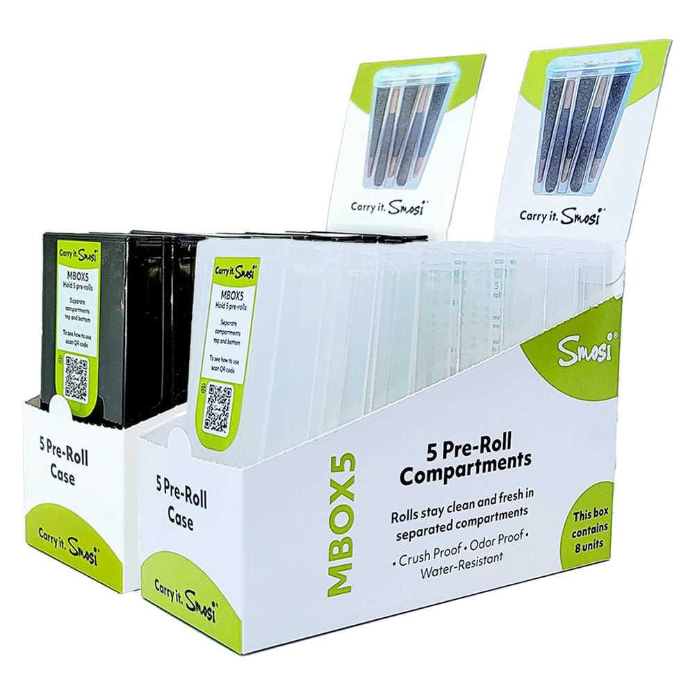 Smosi MBox5 Pre-Roll Case display box with 8 clear and black cases, portable and smell-proof design