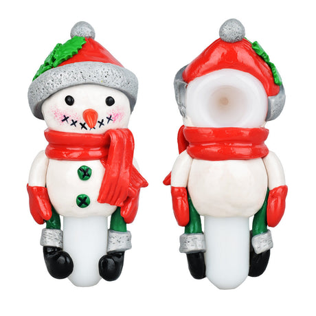 Snowman Glassworks Hand Pipe - 5.5" - Front and Top View, Red and White, UV Reactive