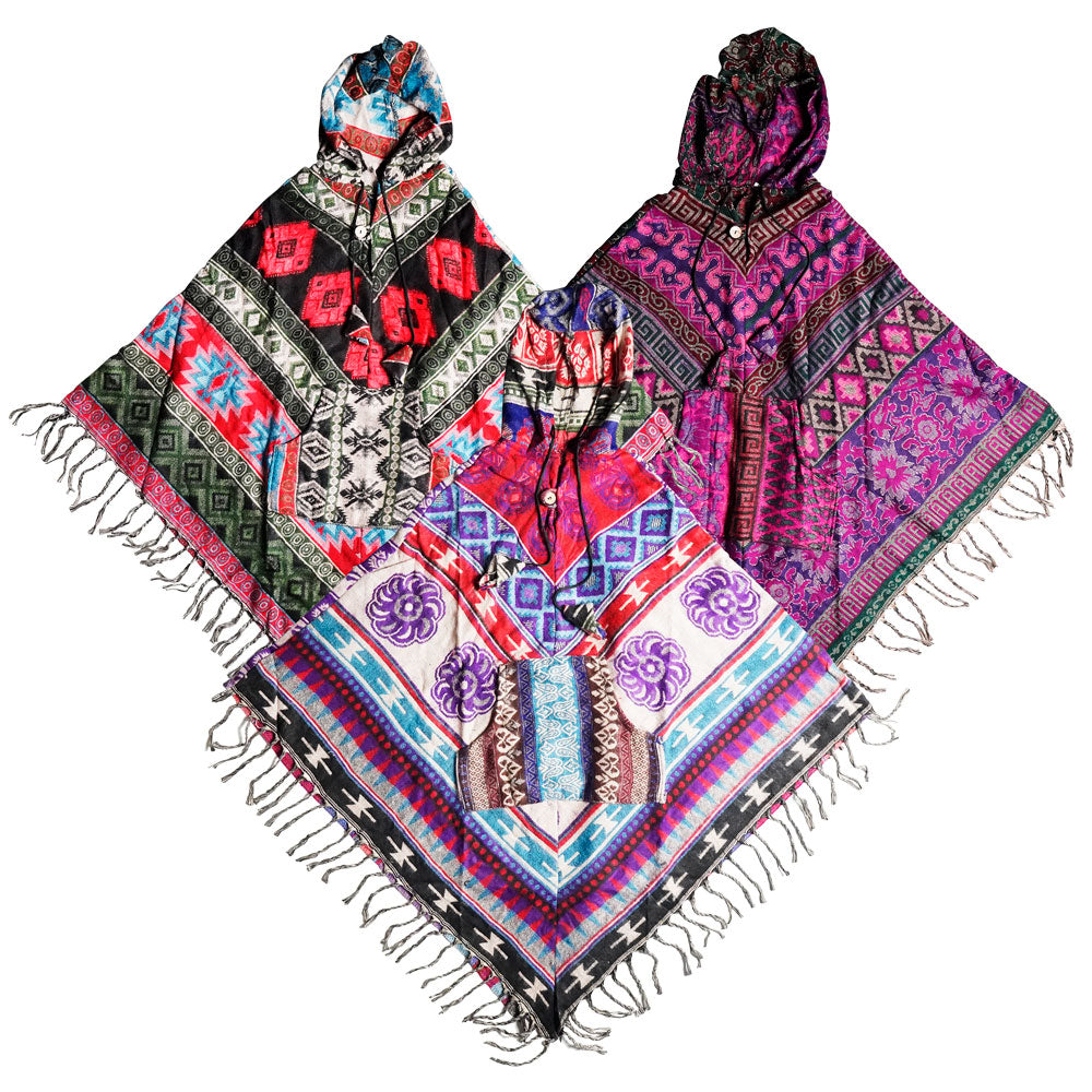 Colorful Snuggly Viscose Hooded Ponchos - 37" Length - Laid Flat View
