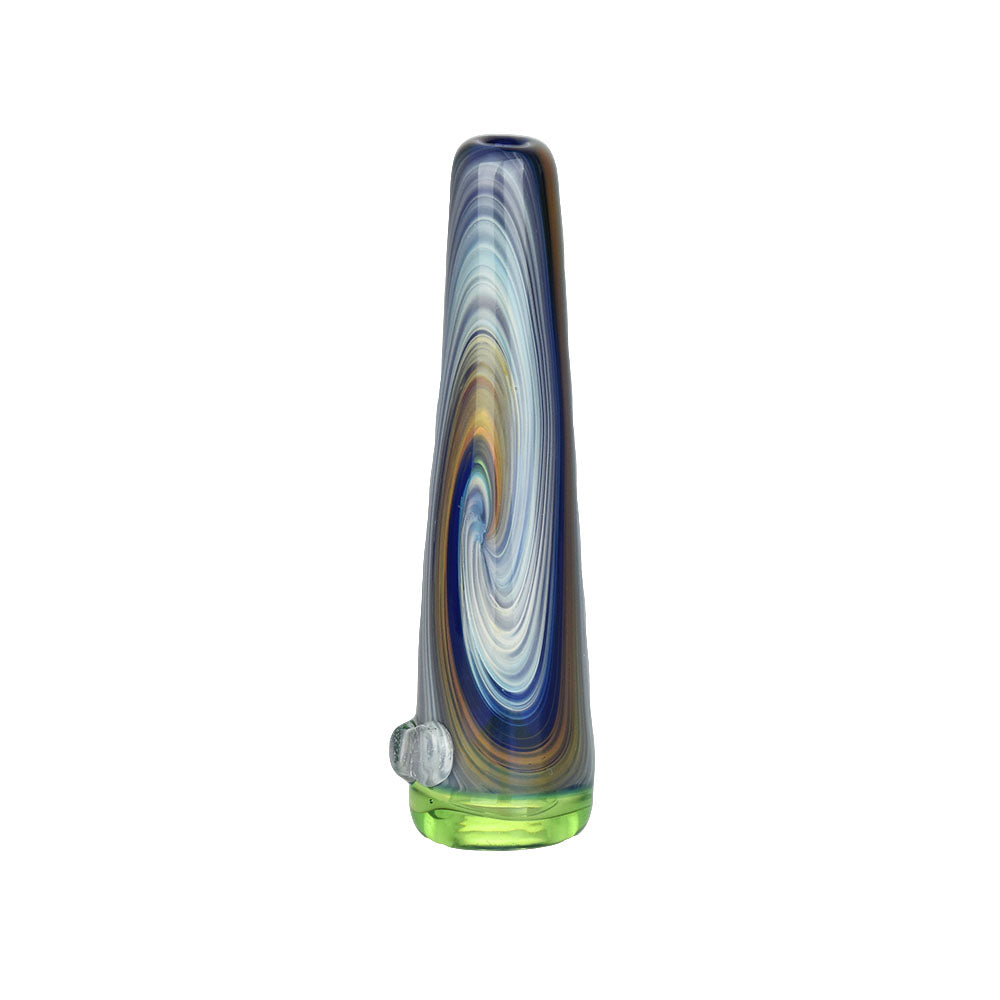 Space Time Rift Chillum hand pipe with swirling design in borosilicate glass, front view on white background