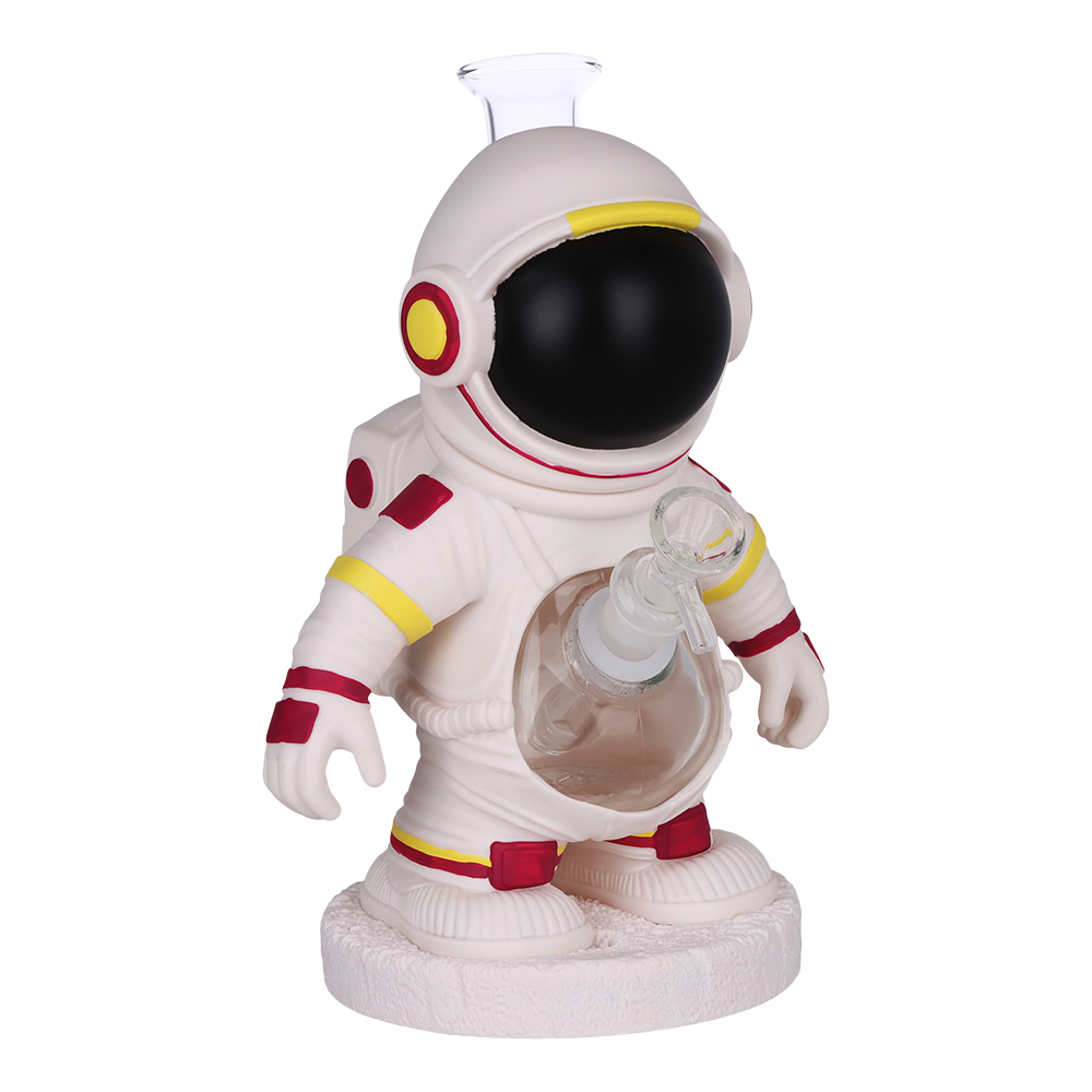 Spaceman vinyl wrapped 10 inch glass bong with a clear borosilicate glass interior and novelty design
