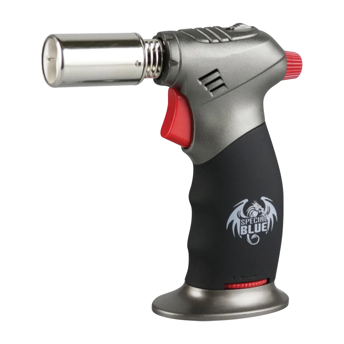 Special Blue "Diablo" Butane Torch in Black, Portable 6" Size, Side View on White Background