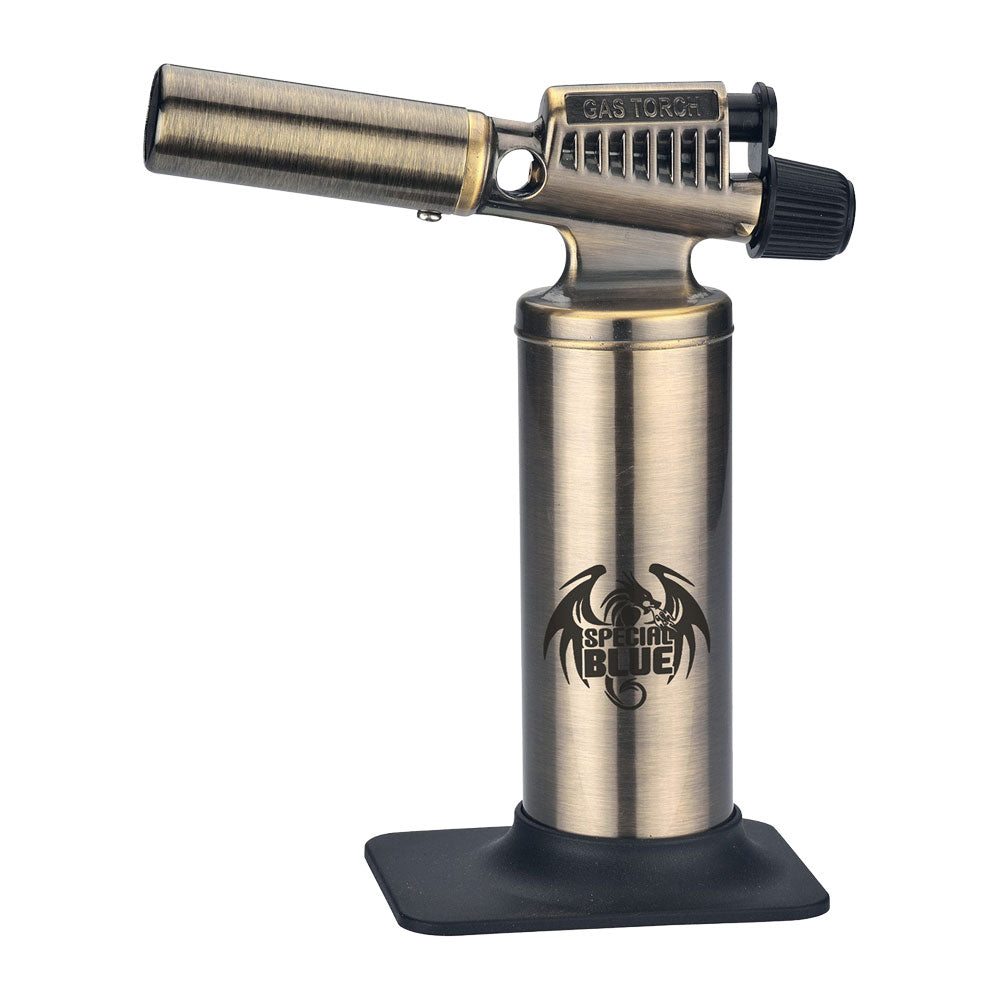 Special Blue Heavy Metal Butane Torch in Gold, 6.5" tall, portable design with a sturdy base - front view
