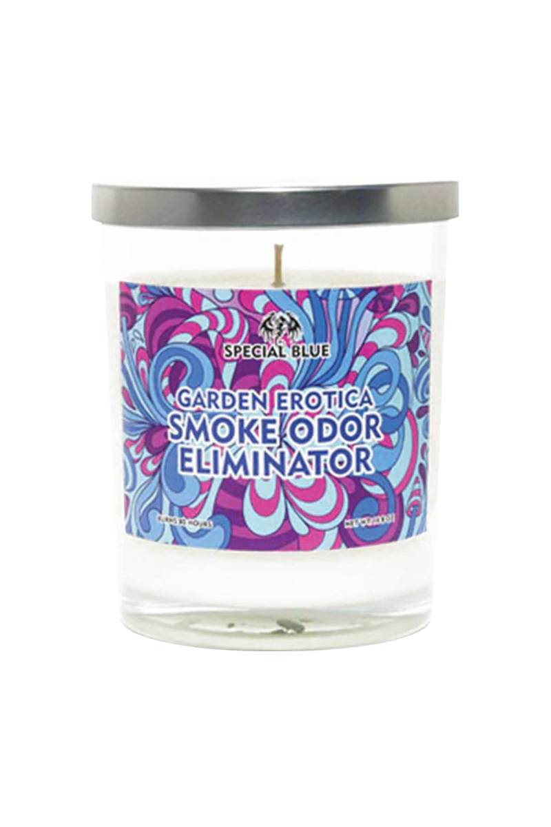 Special Blue Garden Odor Eliminator Candle, 14.8 oz, Psychedelic Design, Front View