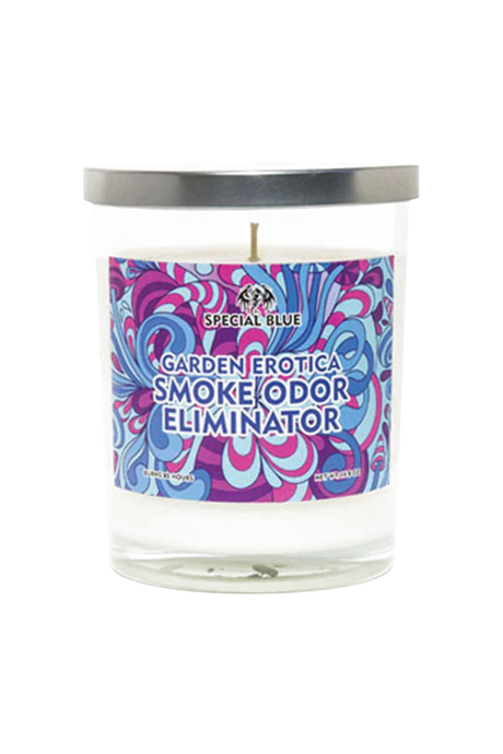 Special Blue Garden Odor Eliminator Candle, 14.8 oz, Psychedelic Design, Front View