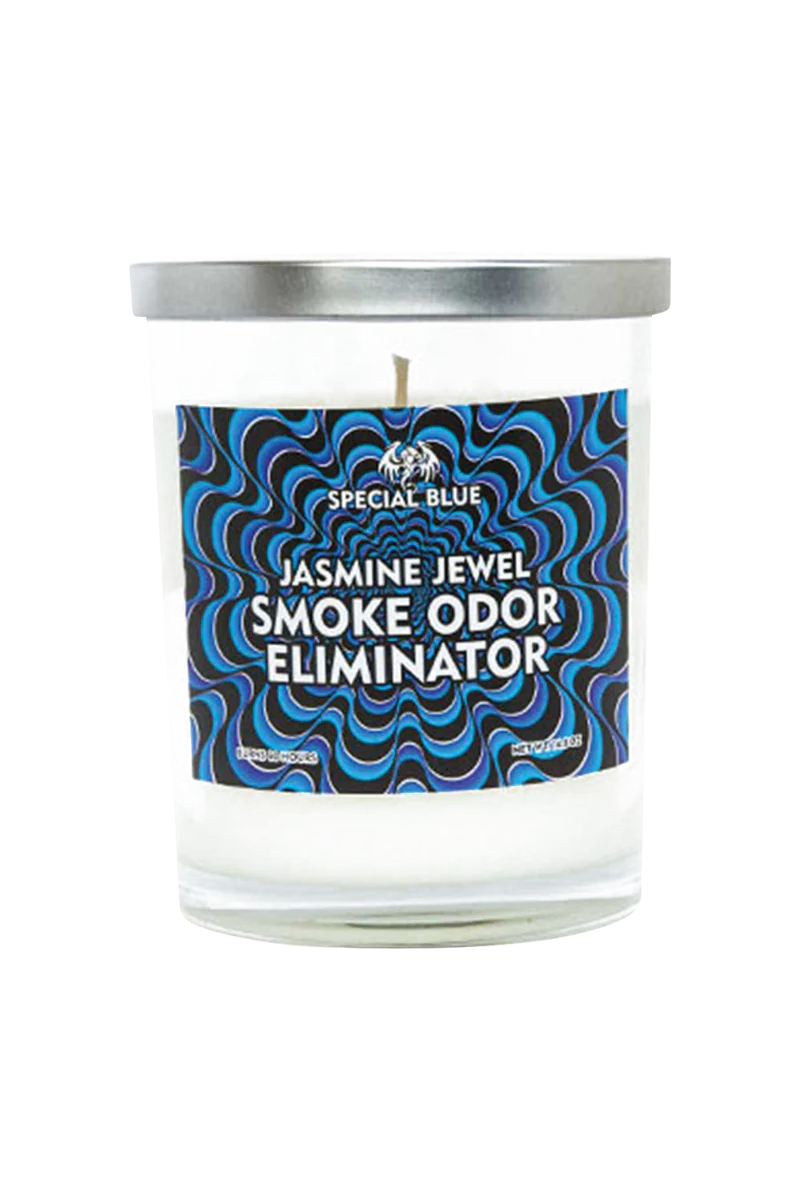 Special Blue Jasmine Odor Eliminator Candle, 14.8 oz with Psychedelic Design, Front View