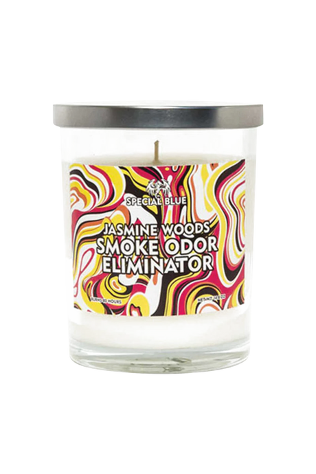 Special Blue Jasmine Woods Odor Eliminator Candle, 14.8 oz, with Psychedelic Design