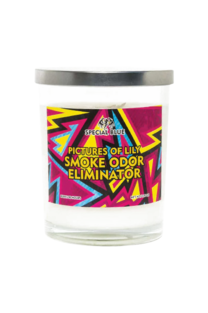 Special Blue Lily Odor Eliminator Candle, 14.8 oz, vibrant multicolor design, front view on white background