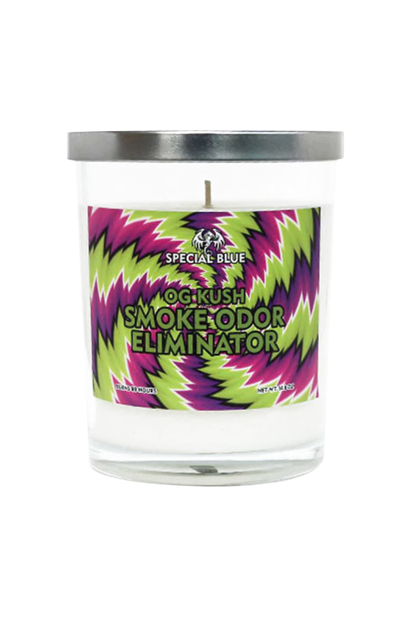 Special Blue OG Kush Odor Eliminator Candle, 14.8 oz with Psychedelic Design, Front View