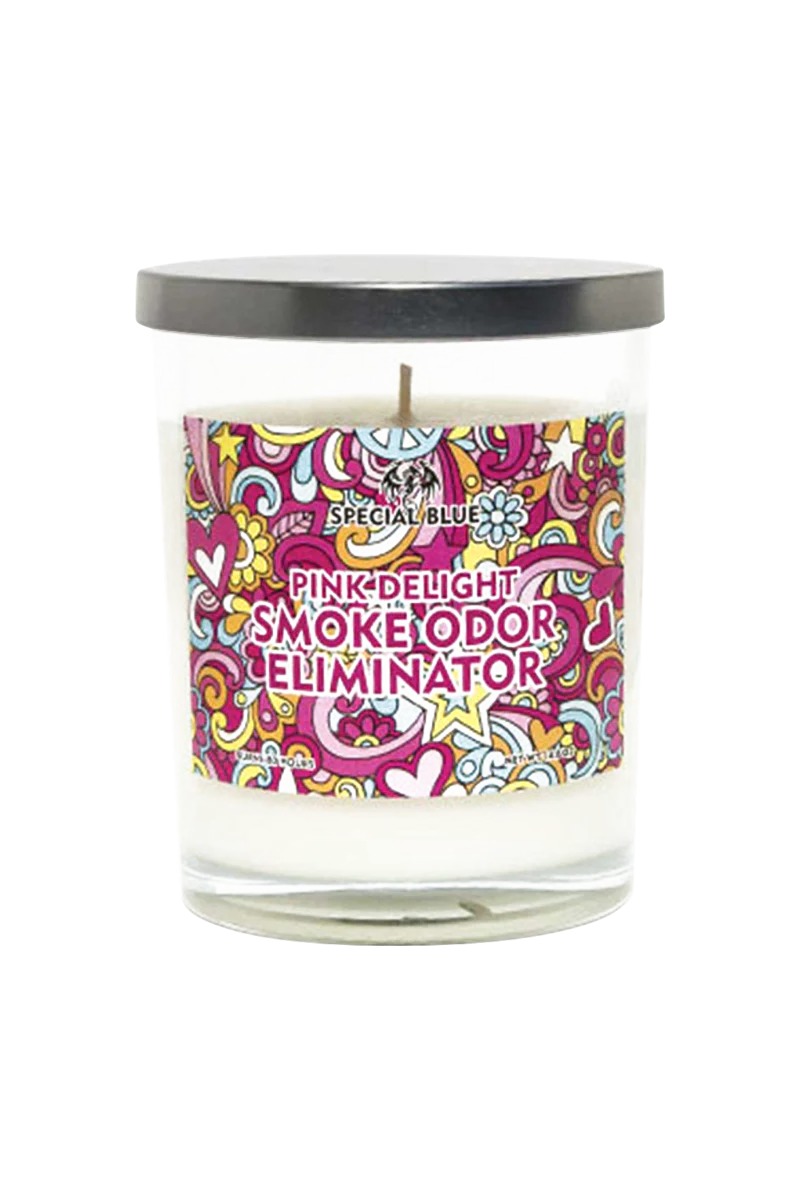 Special Blue Pink Delight Odor Eliminator Candle, 14.8 oz with Psychedelic Design