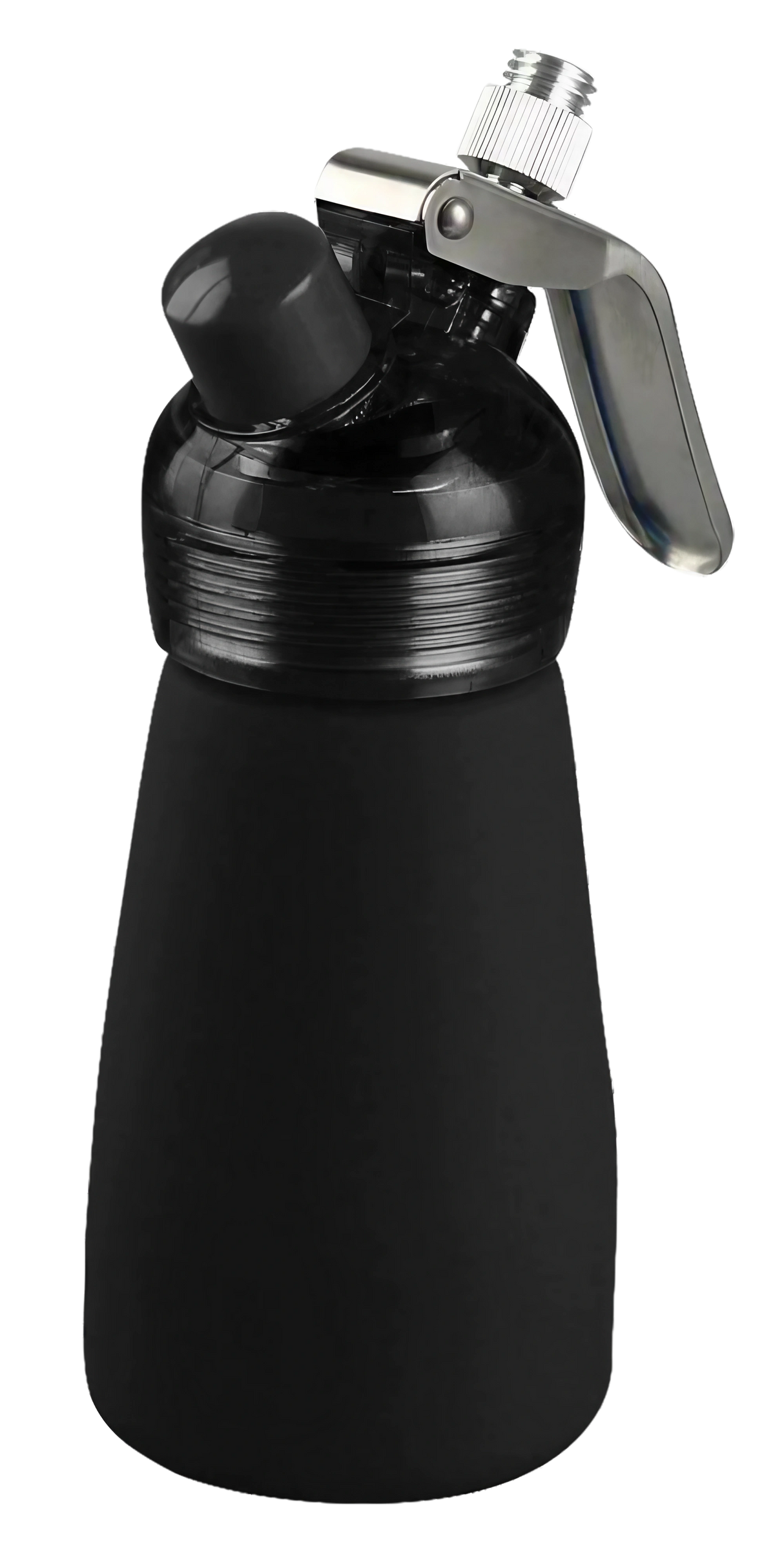 Special Blue Suede Series Black Cream Dispenser, portable steel with rubber grip, front view on white background