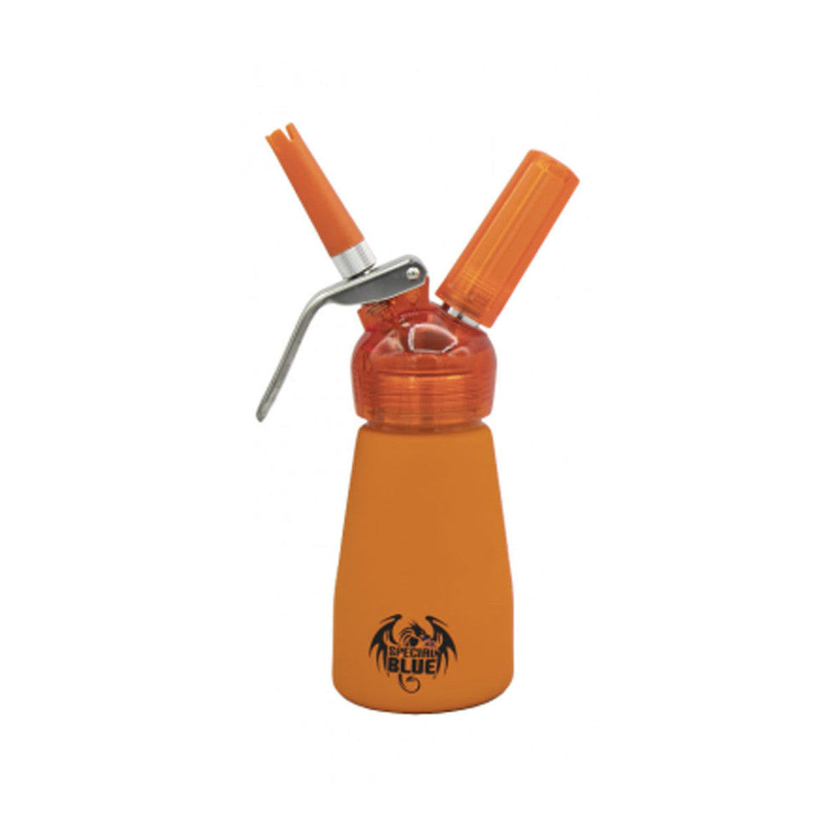 Special Blue Suede Series orange aluminum dispenser with plastic head, compact design, front view